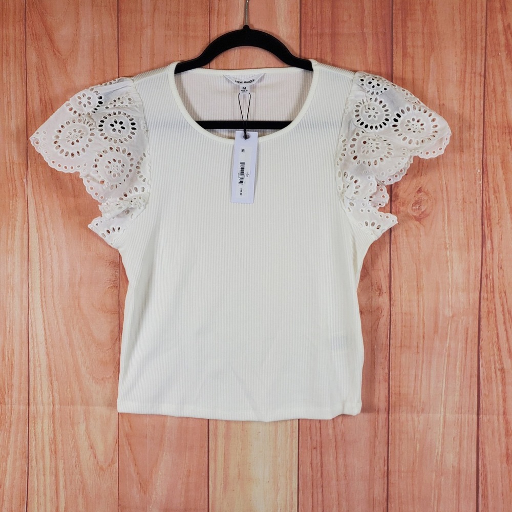 Steve Madden Olina Womens Top Medium White Polyester Flutter Sleeve Pullover